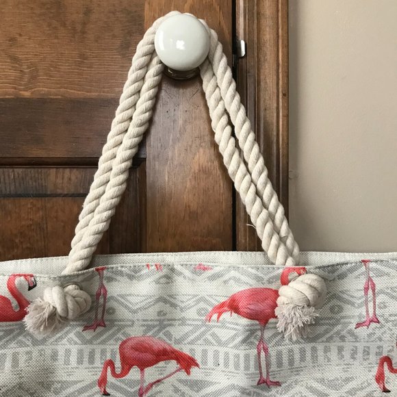 NWOT Pink Flamingos on Pearl and Gray Tote Bag w/Thick Rope Double Handles - Picture 4 of 10